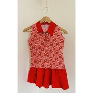 VTG 90s Girls Red 2 Piece Set Sleeveless Mixed Print Button Top Pleated Short